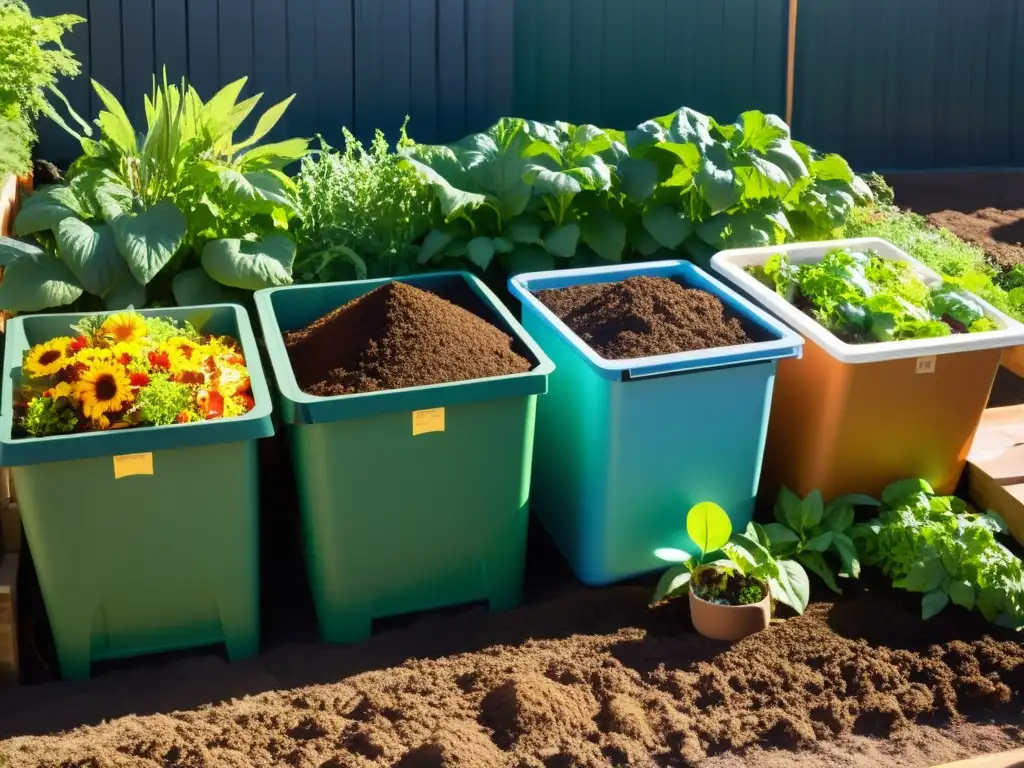 Un vibrante jardín comunitario con composteras ordenadas y diversidad de desechos orgánicos