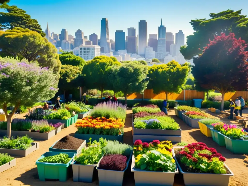 Un vibrante jardín comunitario en San Francisco, con flores coloridas y personas trabajando juntas