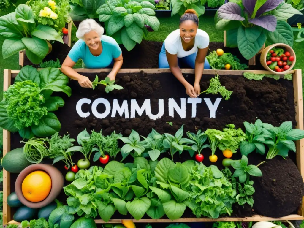 Un vibrante jardín comunitario con personas de todas las edades y orígenes trabajando juntas en prácticas sostenibles de compostaje