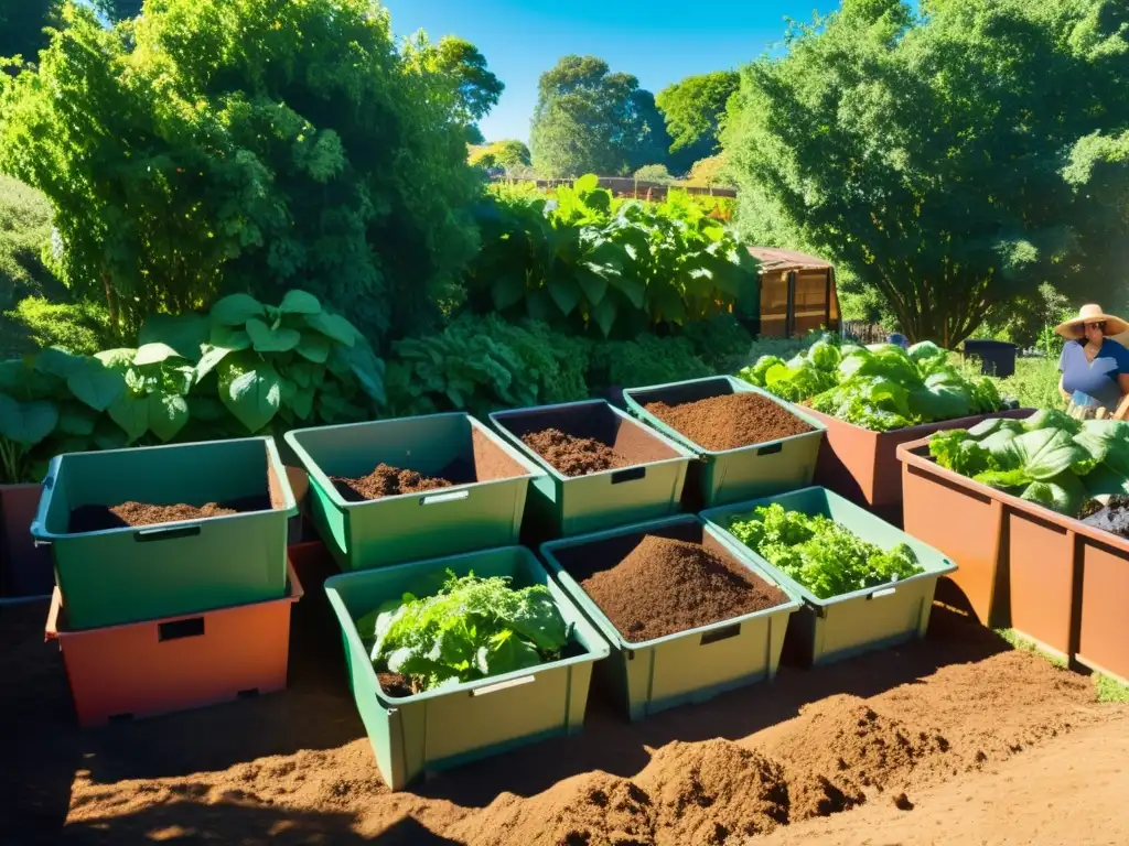 Un vibrante jardín comunitario con técnicas de compostaje de residuos orgánicos y personas trabajando juntas para cuidar los montones de compost