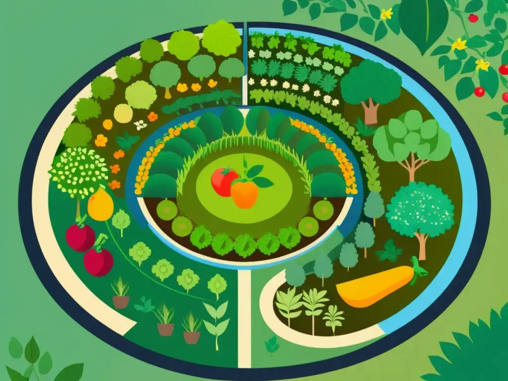 Una ilustración vibrante y detallada de un próspero jardín de permacultura, con frutas, verduras y hierbas cultivadas