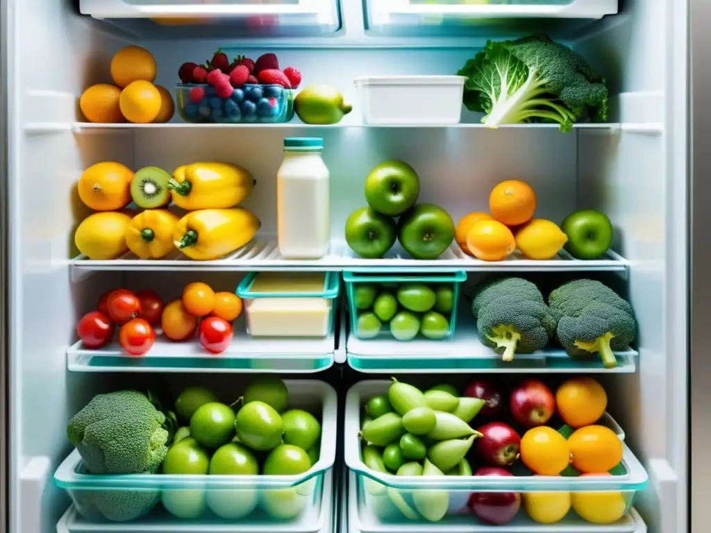 Una fotografía vibrante y detallada de un refrigerador bien organizado con alimentos frescos y productos lácteos en contenedores herméticos