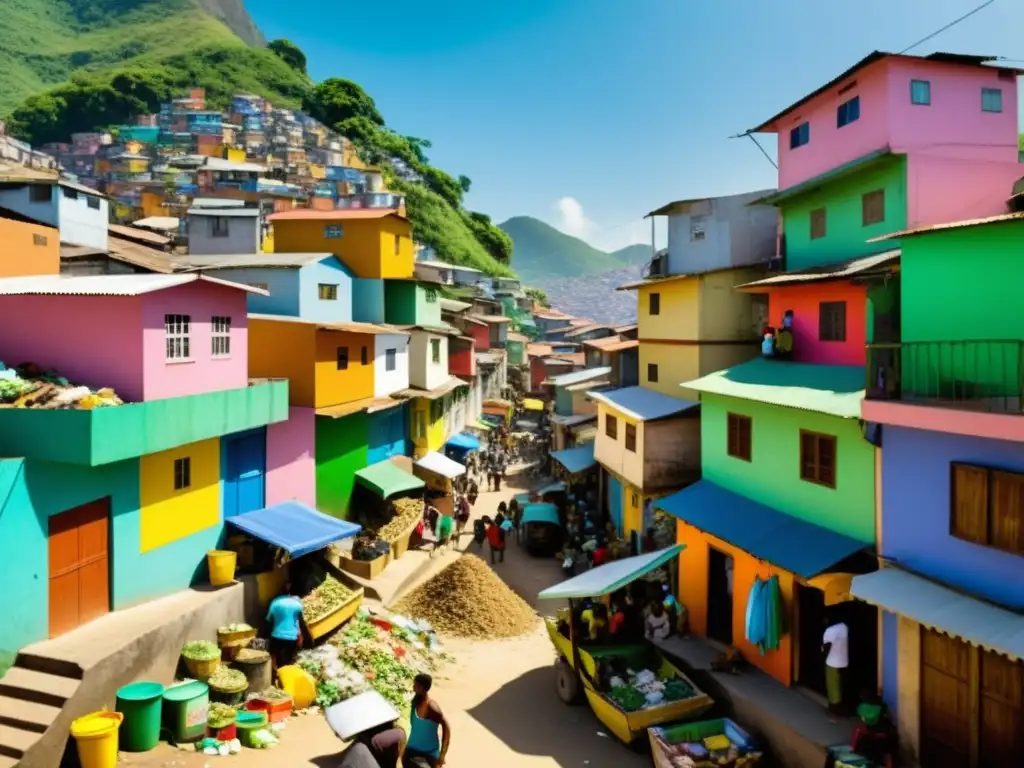 Vibrante escena de reciclaje en favelas de Brasil, con residentes ordenando desechos, mostrando resiliencia comunitaria