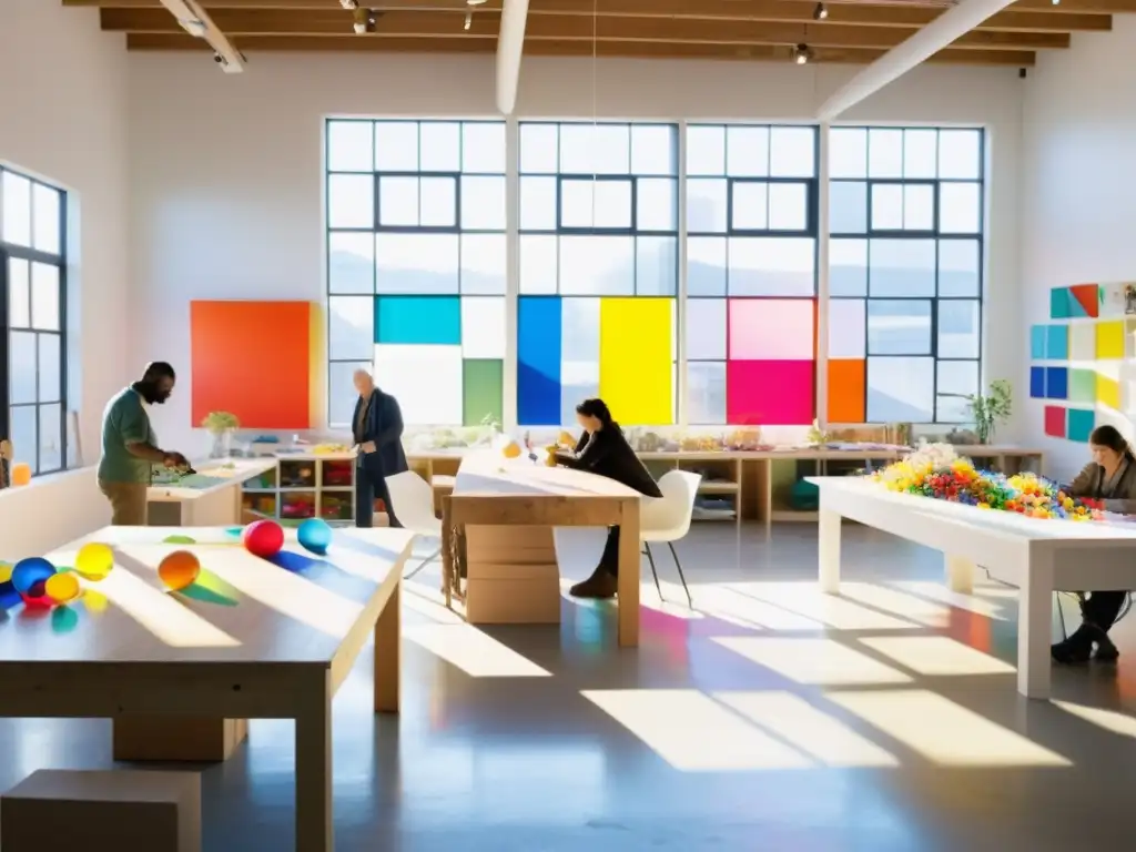 Vibrante estudio de artistas plásticos reciclados creando esculturas impactantes en un ambiente luminoso y colorido