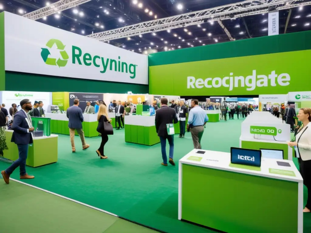 Vibrante feria para startups de reciclaje con innovadoras tecnologías sostenibles y productos ecológicos, en un ambiente de entusiasmo y posibilidad