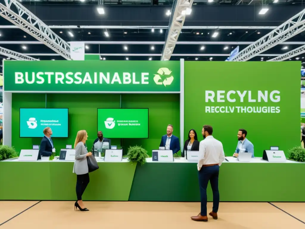 Vibrante feria para startups de reciclaje, con innovadoras tecnologías y productos ecoamigables en un ambiente moderno y sostenible