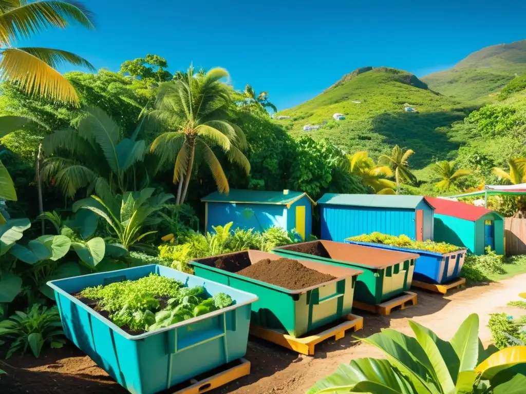 Una vibrante imagen de un jardín comunitario en el Caribe, con residentes locales participando en actividades de compostaje