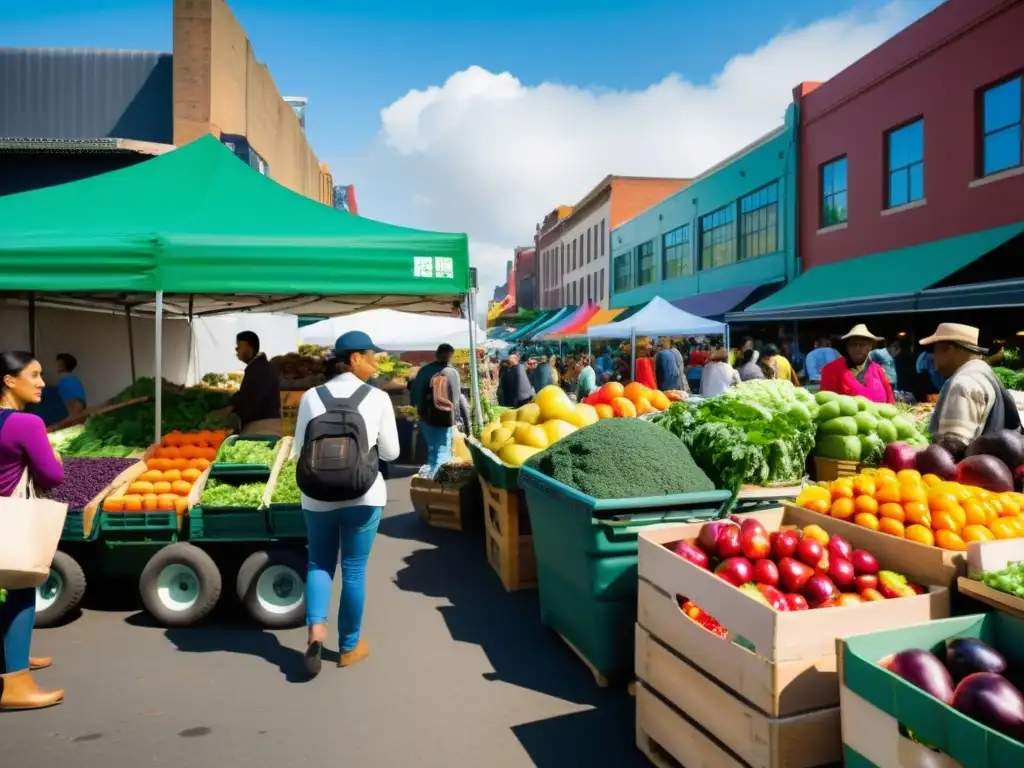 Vibrante mercado urbano con compostaje urbano residuos orgánicos y diversidad de frutas y verduras orgánicas