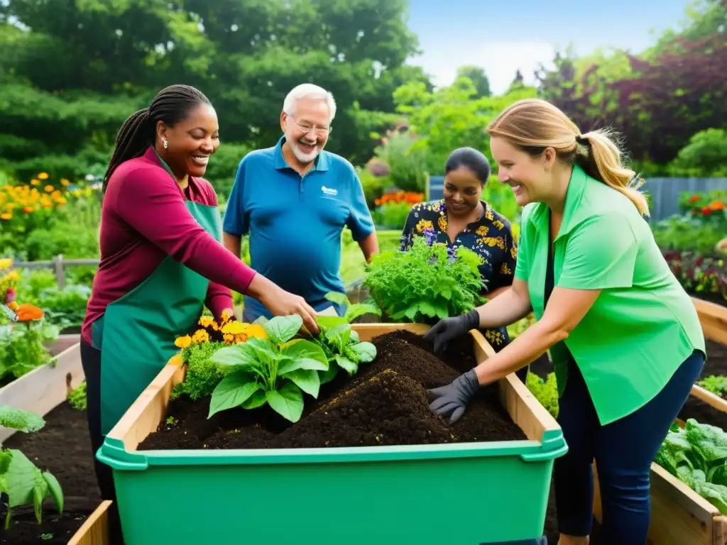 Un vibrante proyecto comunitario de compostaje en un jardín, mostrando colaboración y sostenibilidad en un hogar