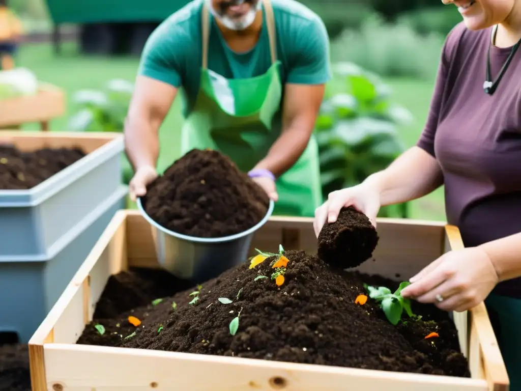 Vibrante taller de compostaje en la comunidad, con participantes activos y tonos terrosos, fomentando la sostenibilidad y educación ambiental