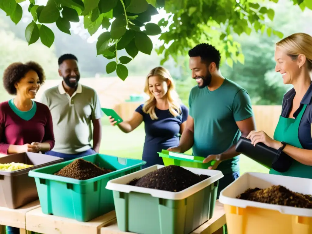 Un vibrante taller de compostaje comunitario en un jardín, con participantes variados y entusiastas compartiendo conocimientos