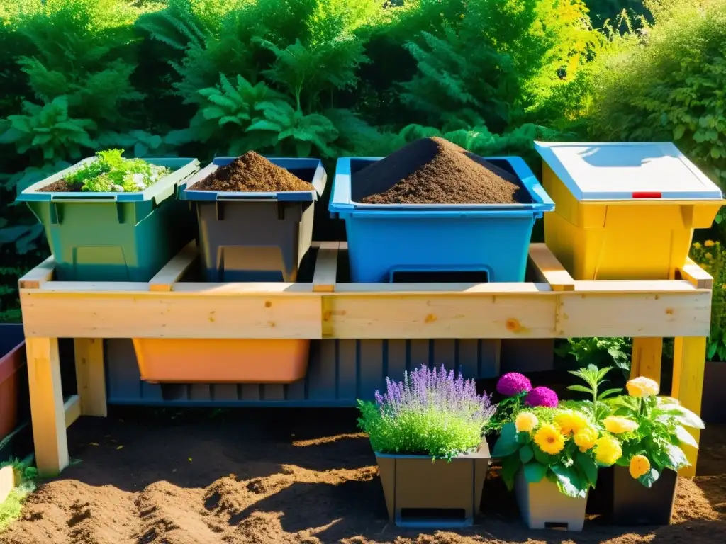 Un jardín vibrante con técnicas de compostaje casero, iluminado por el sol con colores intensos y materiales reciclados