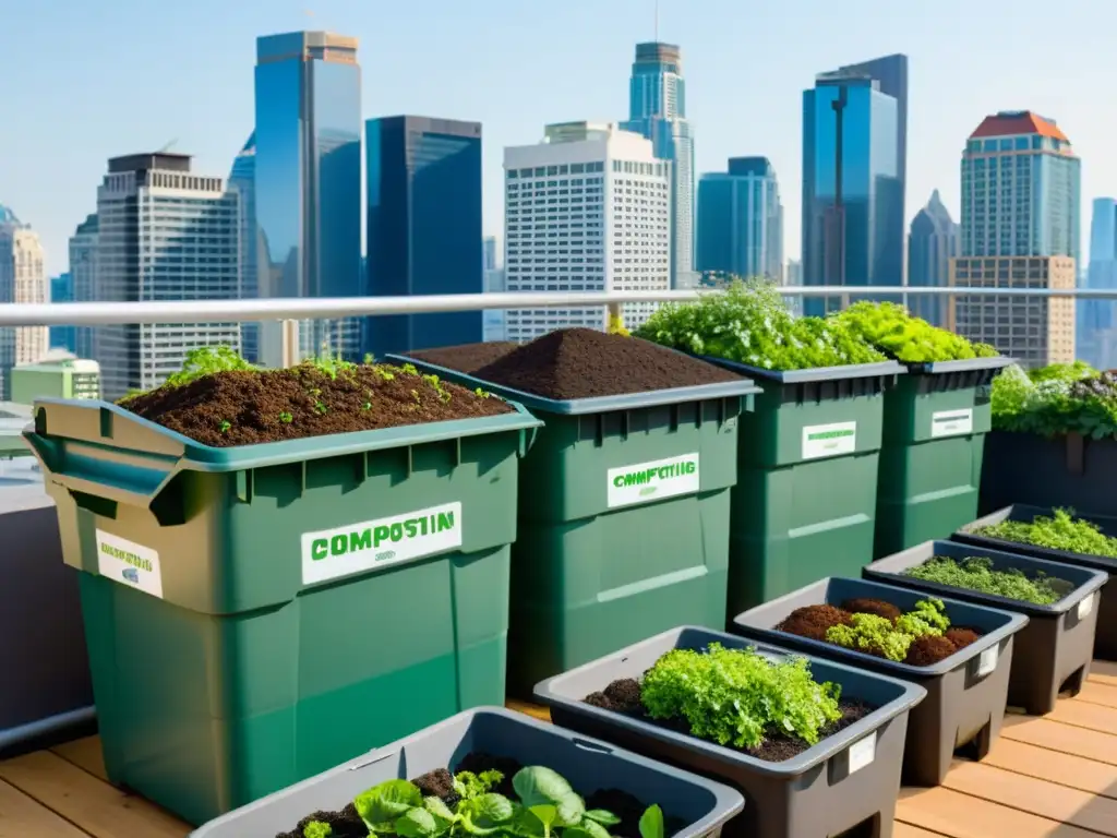 Vibrante jardín urbano con compostaje y rascacielos al fondo, destaca el impacto del compostaje urbano en comparativa impacto compostaje urbano rural