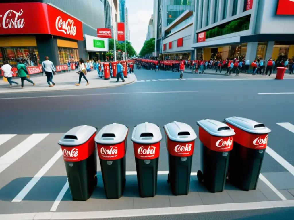 Vista aérea de una calle urbana con personas depositando envases en contenedores de reciclaje, promoviendo la campaña 'Share a Coke and a Smile'