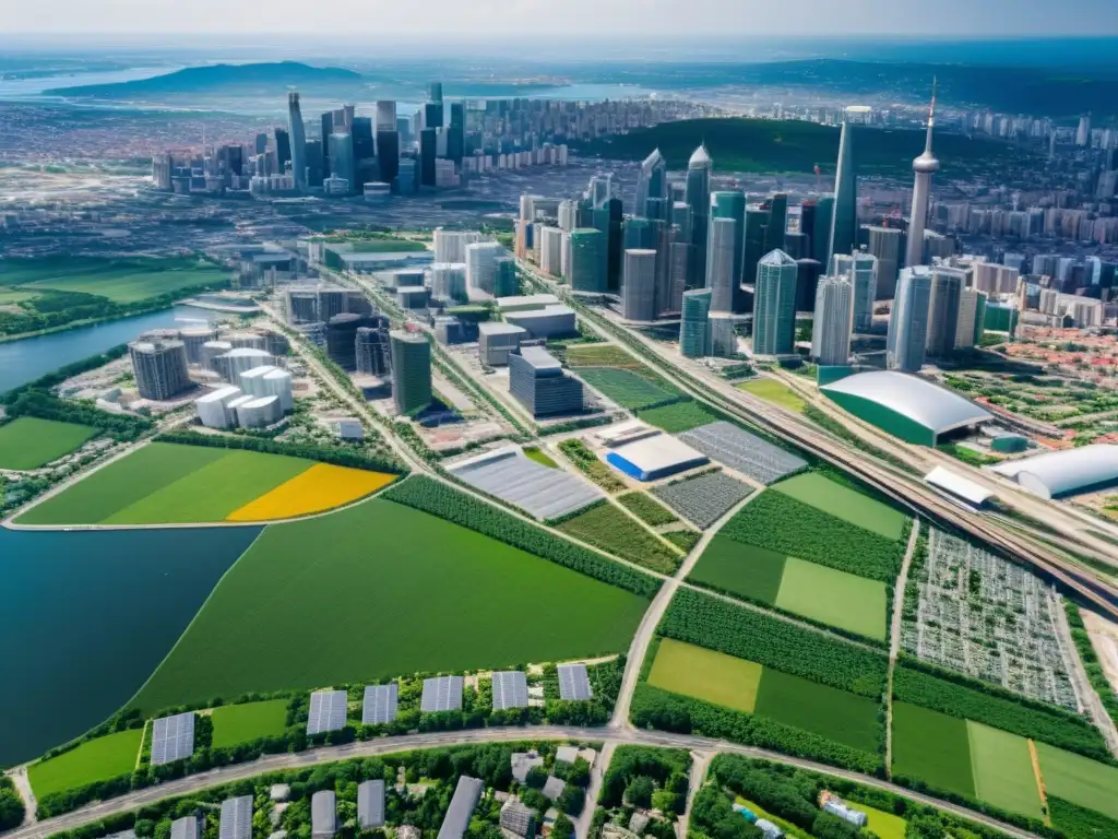 Vista aérea de una ciudad con enfoque en instalaciones de reciclaje, espacios verdes y energía renovable