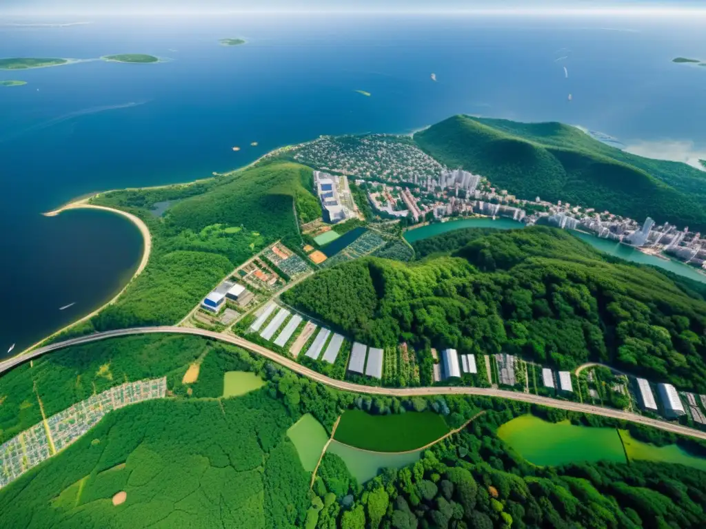 Vista aérea de ciudad con reciclaje y espacios verdes integrados, armonía entre urbanismo y naturaleza