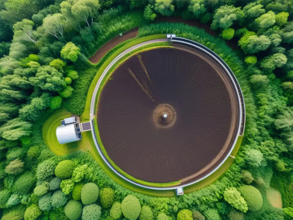 Vista aérea de un compostaje de alta tecnología integrando drones y equipamiento biotecnológico, rodeado de exuberante vegetación