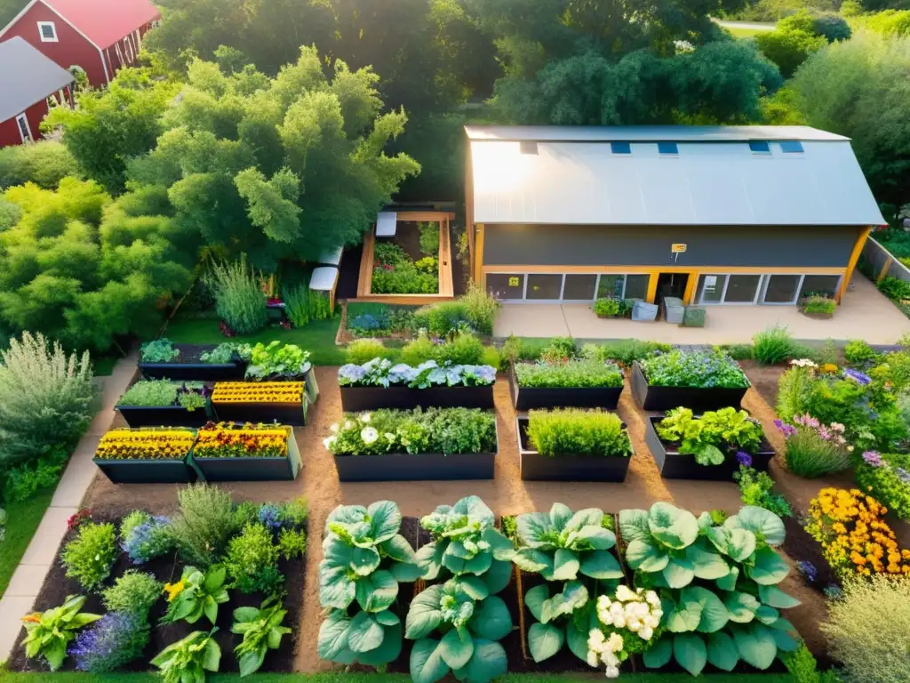 Vista aérea de un jardín comunitario vibrante con compostaje comunitario en la escuela, rodeado de exuberante vegetación y vida silvestre