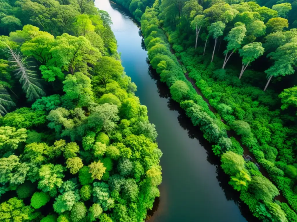 Vista aérea de un exuberante bosque con un arroyo y luz solar filtrándose