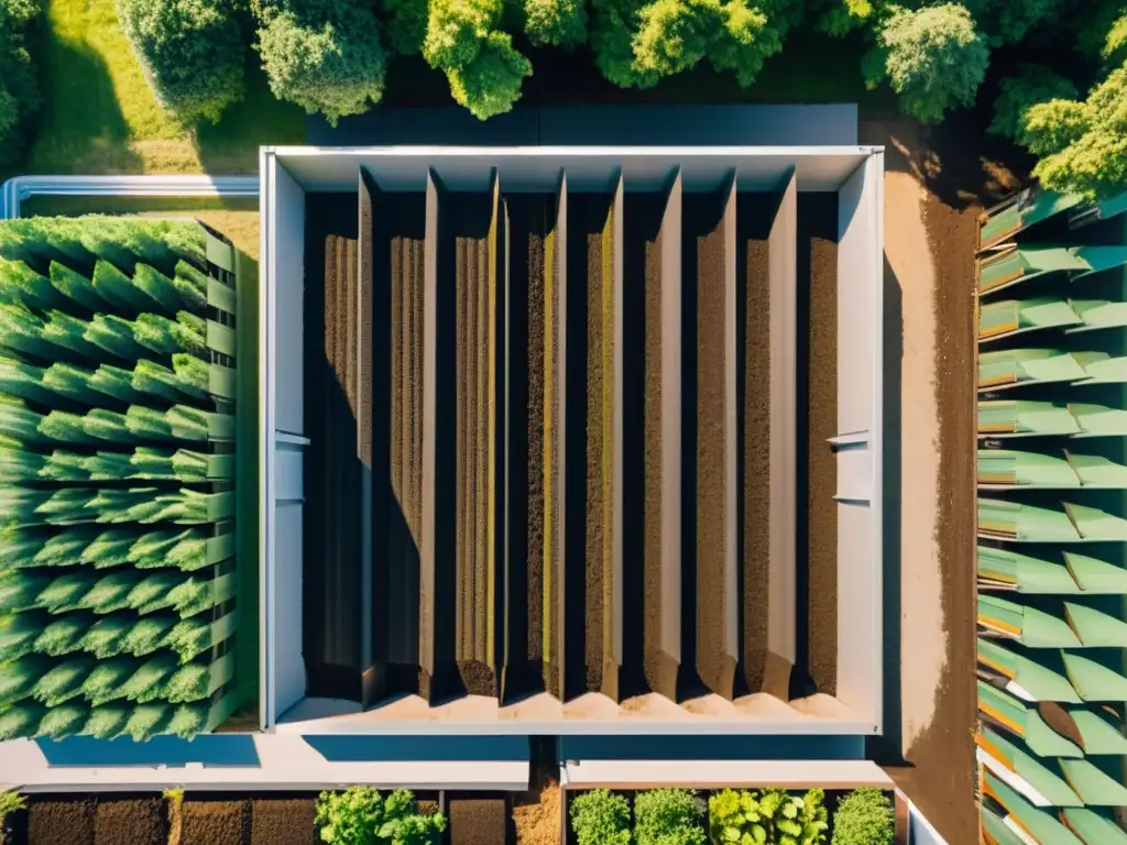 Vista aérea de una moderna instalación de compostaje rodeada de montones de compost ordenados, en un entorno verde y sereno