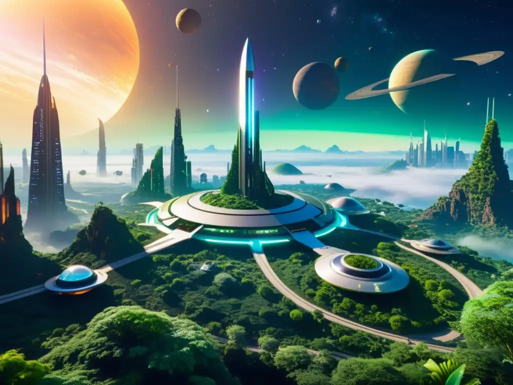 Flota de naves futuristas sobre planeta ecológico Vista aérea de un planeta con rascacielos reciclados y naves espaciales futuristas, en armonía con la naturaleza