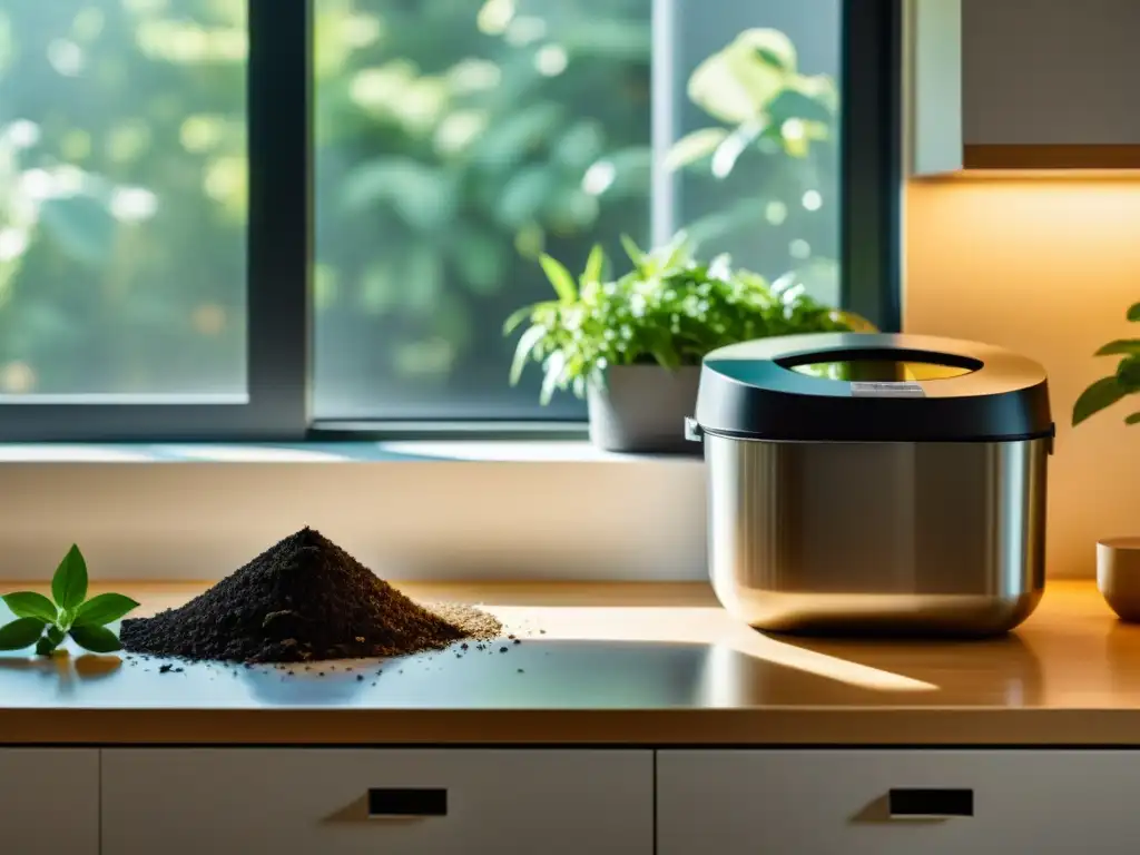 Compostaje en cocina minimalista: belleza sostenible Vista en alta resolución de una encantadora cocina minimalista con técnicas de compostaje de residuos orgánicos en el hogar
