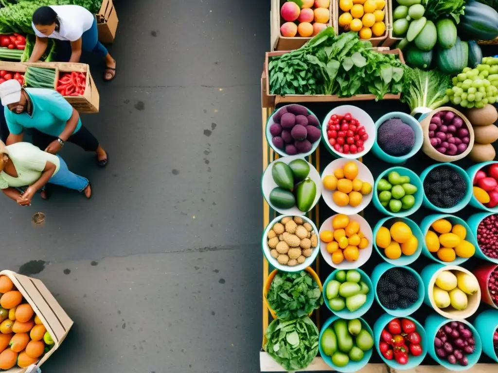 Vista animada de un mercado local con frutas y verduras frescas en exhibición