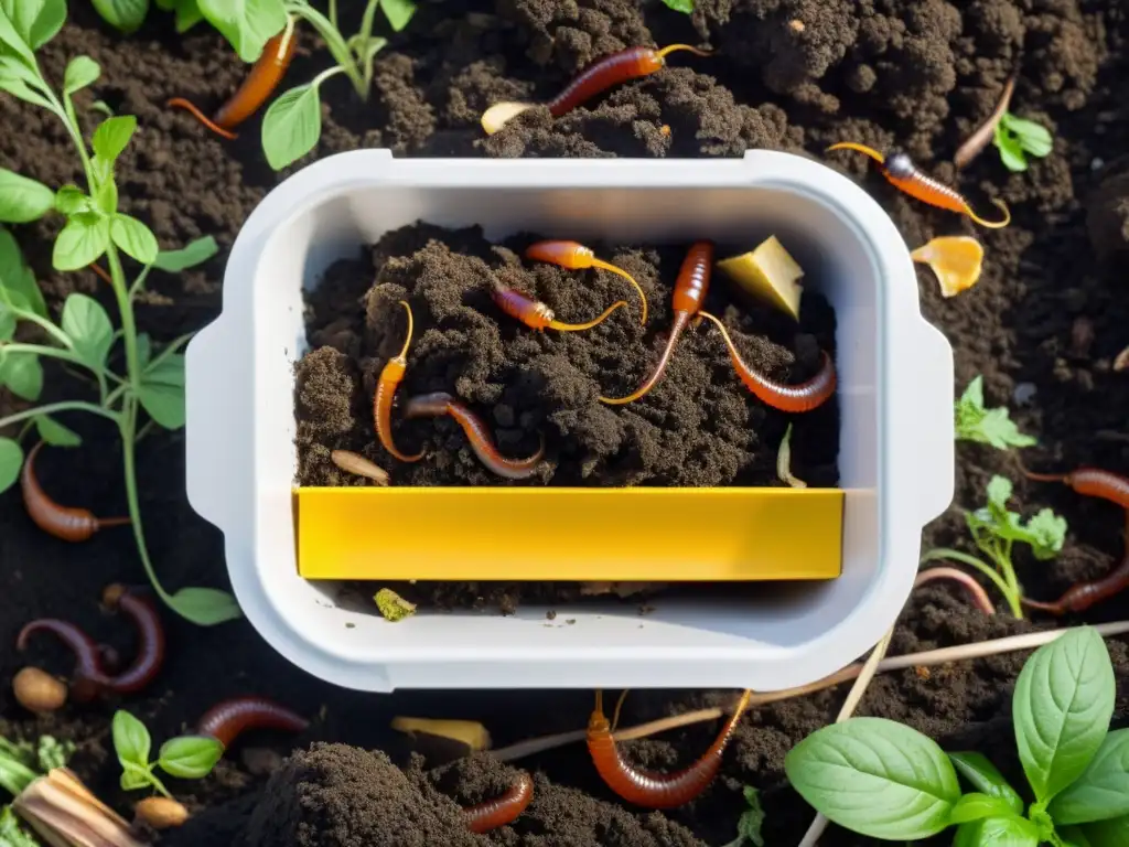 Una vista cercana y detallada de una pila de compost en un entorno industrial alimentario, mostrando capas de restos de comida, desechos de jardín y otros materiales compostables, con lombrices y microorganismos trabajando visiblemente, rodeados de un entorno minimalista y limpio para