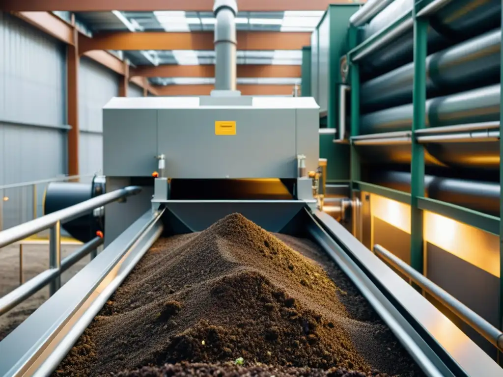 Vista cercana de una moderna máquina de compostaje industrial en una planta de procesamiento de alimentos