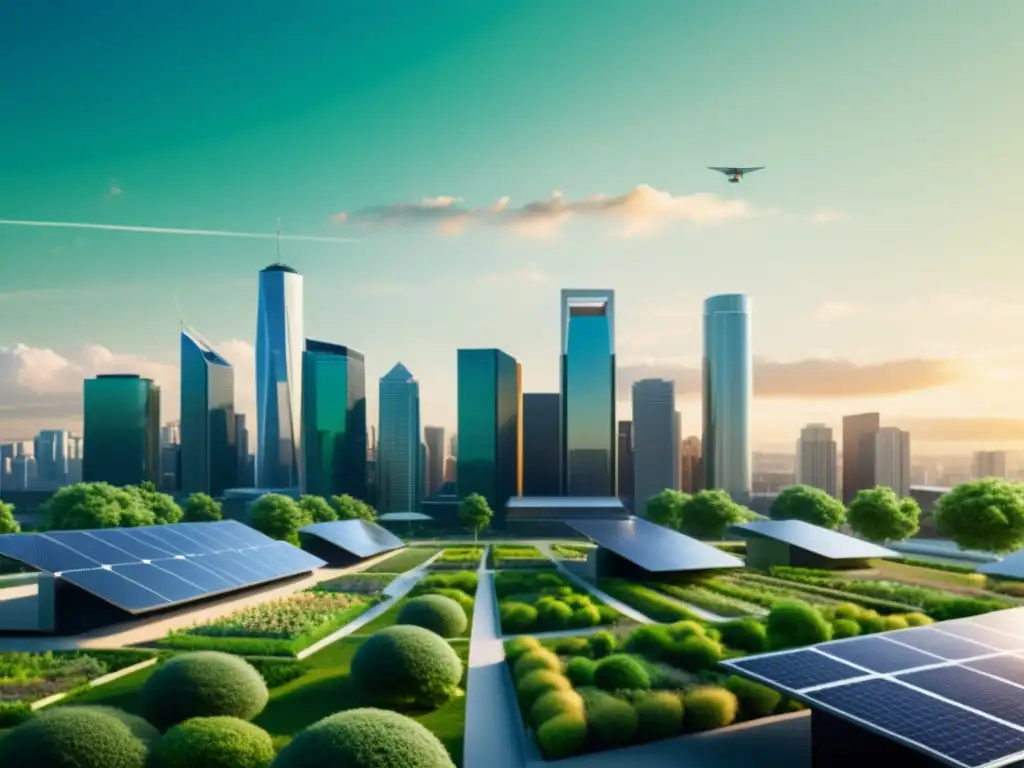 Vista de la ciudad ecofriendly con edificios futuristas, paneles solares y espacios verdes