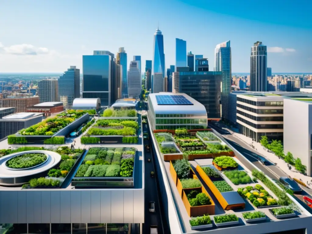 Vista de la ciudad con edificios modernos, calles transitadas y elementos sostenibles, ideal para patrocinios para economía circular