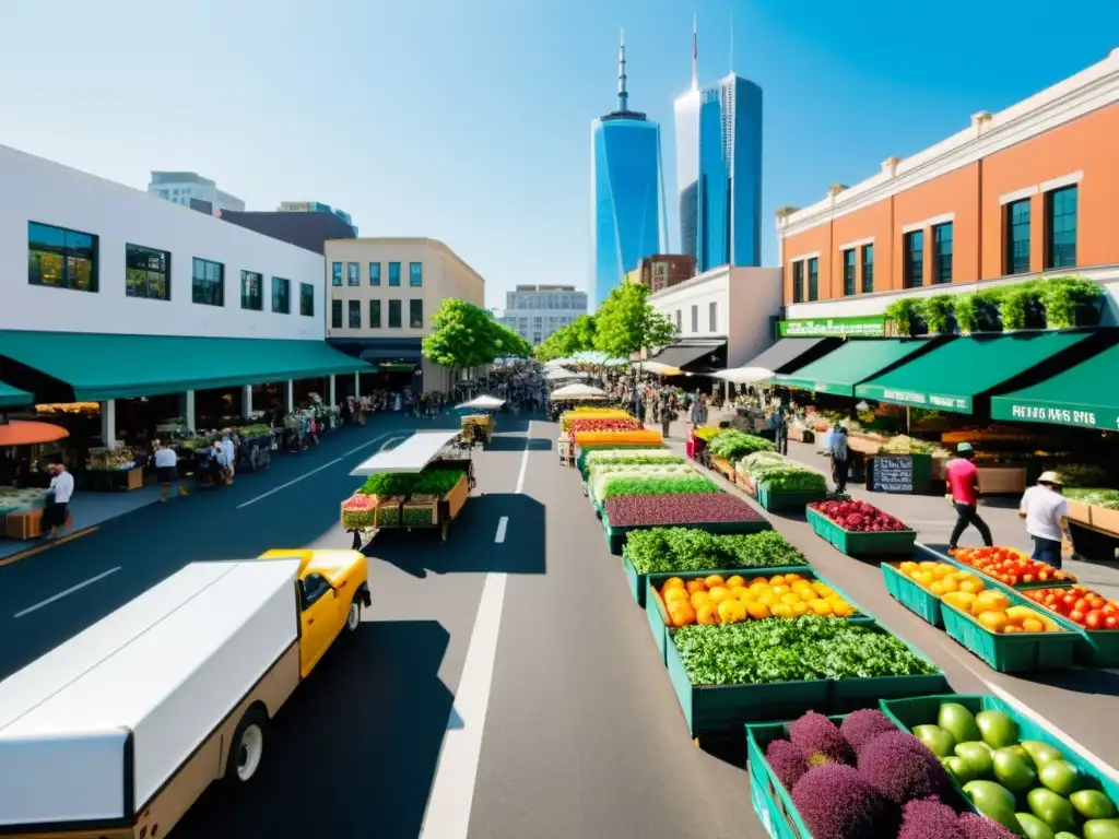 Vista de la ciudad con edificios modernos y mercado de alimentos frescos, reflejando la política de reducción de residuos alimentarios