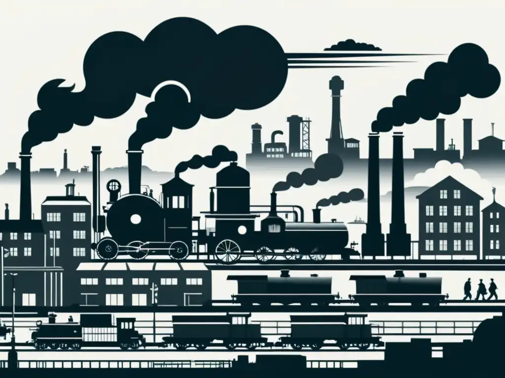 Vista de la ciudad industrial en blanco y negro con fábricas humeantes, trenes a vapor y trabajadores, evocando la necesidad del reciclaje moderno