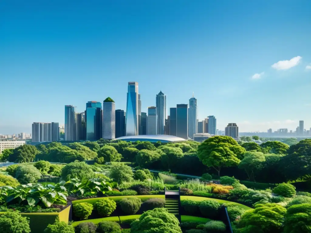 Vista de la ciudad con rascacielos y espacios verdes exuberantes, mostrando los beneficios del compostaje para el aire