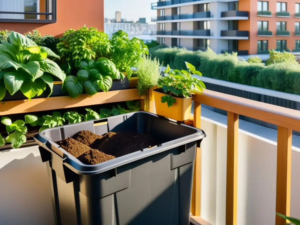 Vista detallada de un balcón urbano con un compostador y plantas