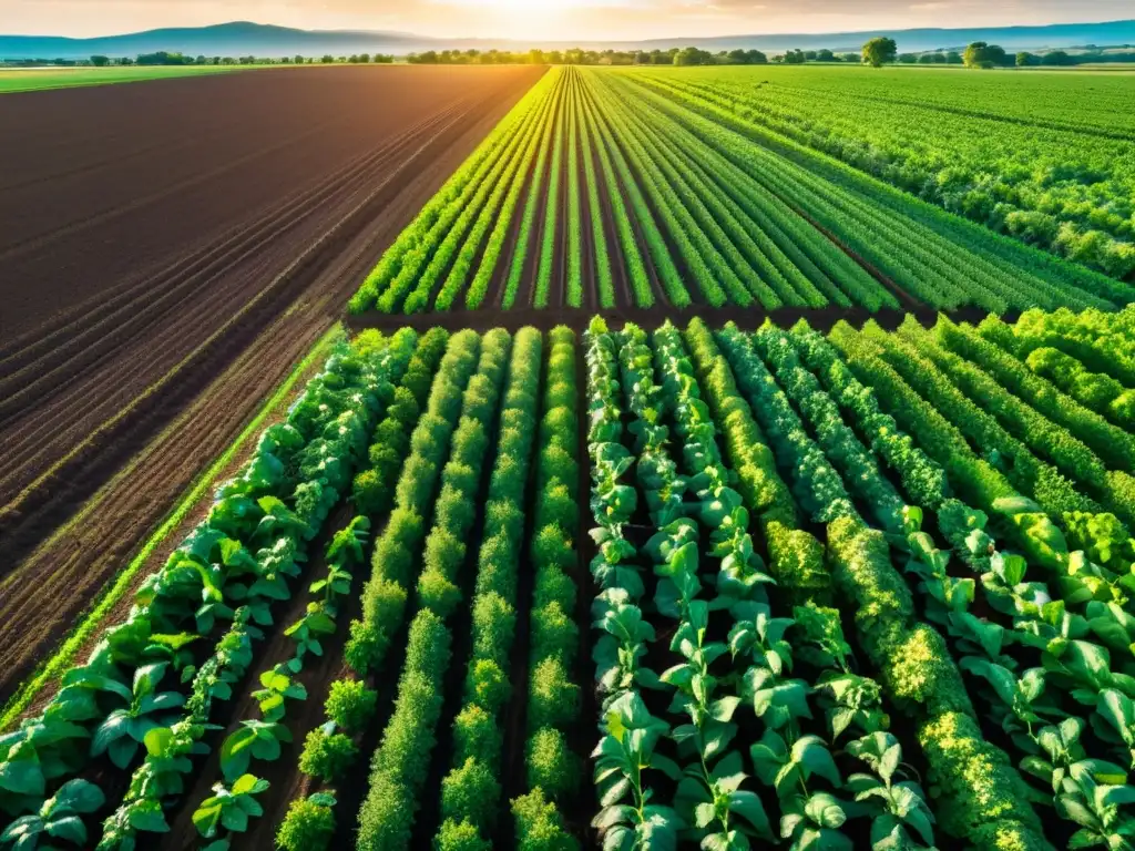 Vista detallada de campo verde exuberante con cultivos saludables en filas, iluminado por el sol