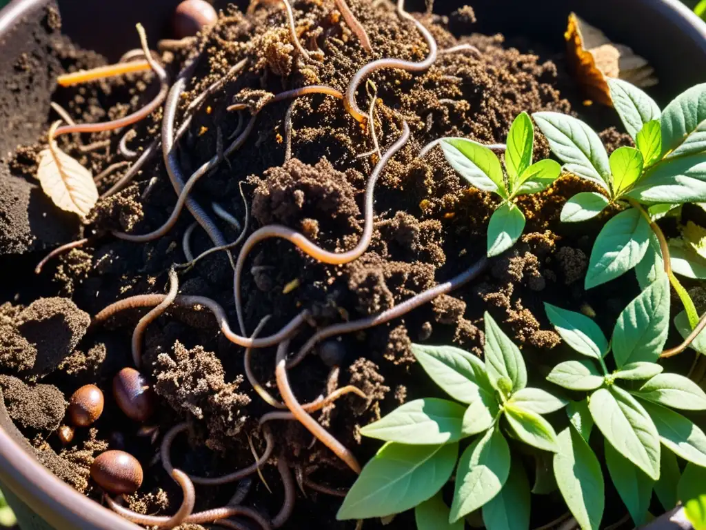 Vista detallada de compost rico y oscuro, lleno de vida microscópica y lombrices