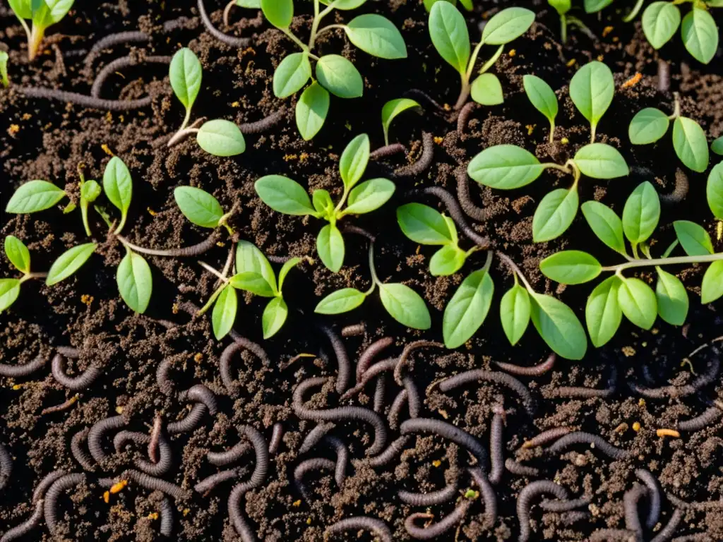 Vista detallada de compostaje Bokashi para jardín, rico y oscuro, con lombrices y microorganismos beneficiosos, listo para cultivar vida