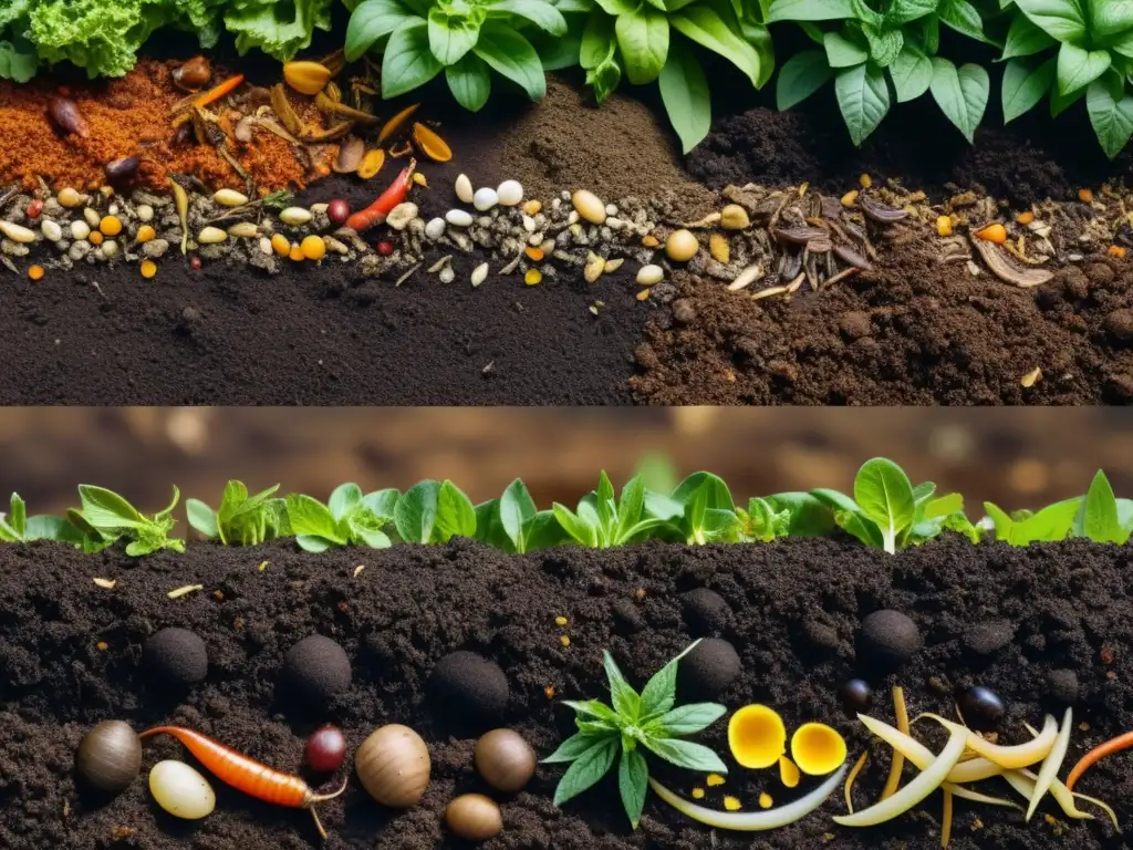 Vista detallada de un compostaje sostenible para residuos jardín, con material orgánico en descomposición y actividad microbiana visible