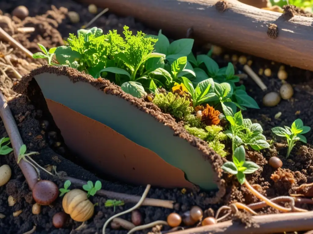 Vista detallada del equilibrio nitrógeno carbono compostaje, con materiales orgánicos en descomposición y lombrices trabajando en un montón de compost