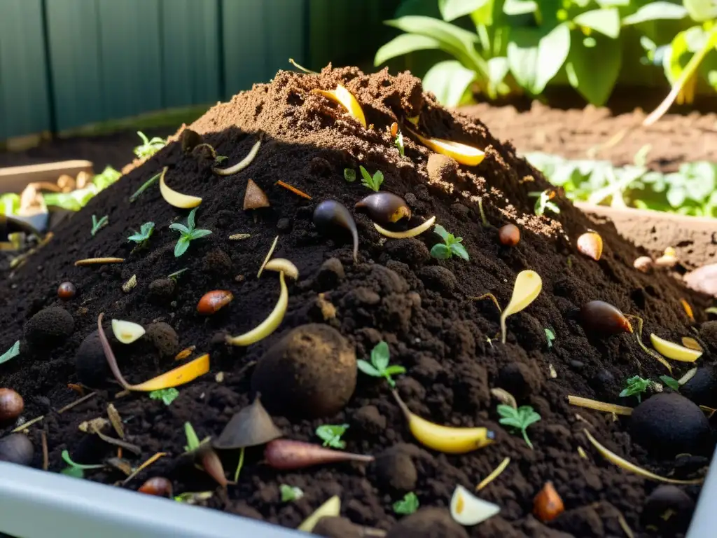 Vista detallada de un montón de compost en un jardín, lleno de vida y materiales orgánicos