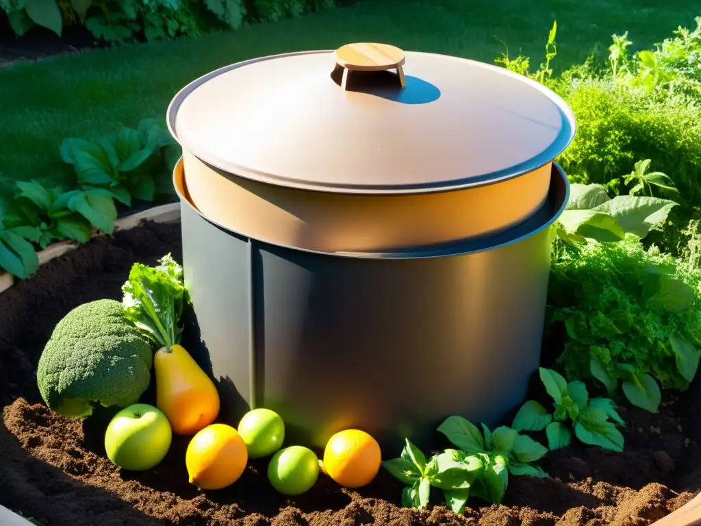 Vista detallada de una pila de compost en el jardín, con residuos orgánicos y un contenedor de madera