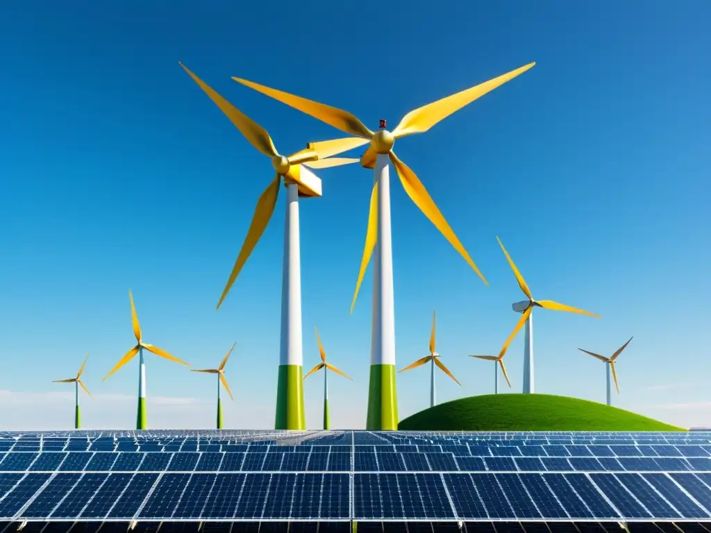 Planta de energía verde futurista con paneles solares y turbinas eólicas Vista detallada de una planta de energía verde futurista con tecnologías avanzadas para invertir en 2023