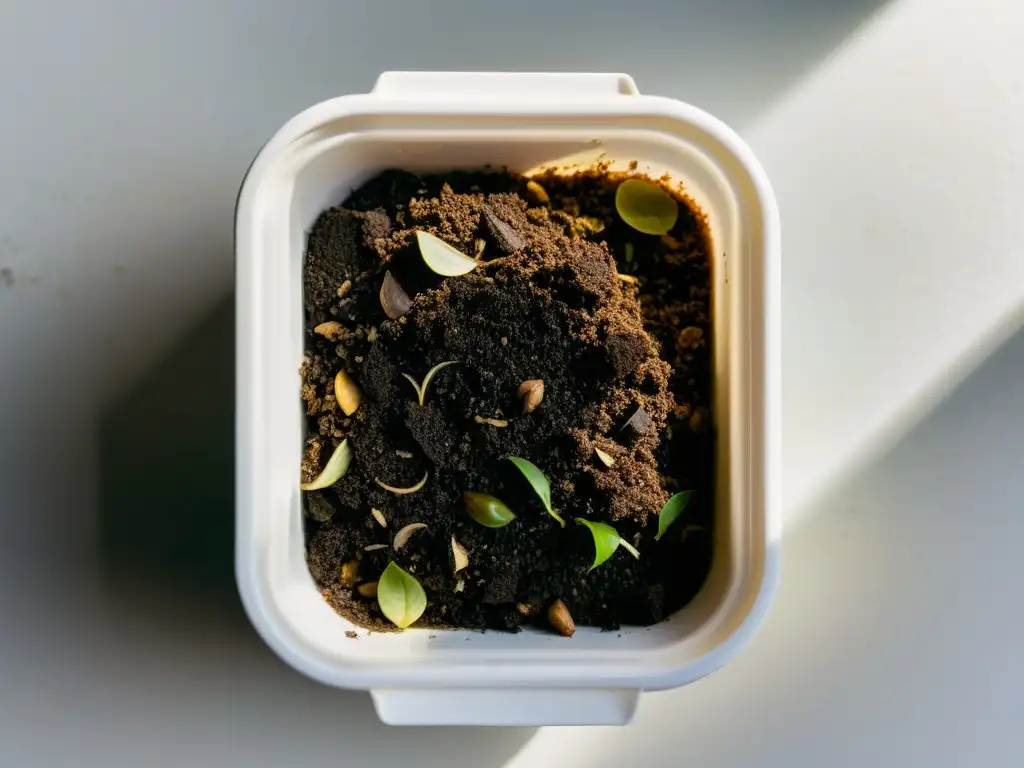 Vista detallada de un recipiente con compostaje Bokashi rebosante de vida microscópica y restos de alimentos en descomposición