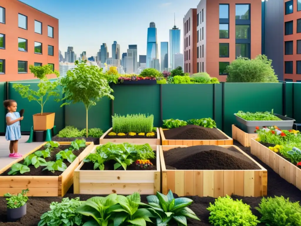 Vista detallada de un jardín urbano con compostaje urbano para niños, plantas verdes vibrantes y niños felices cuidando el jardín en la ciudad moderna