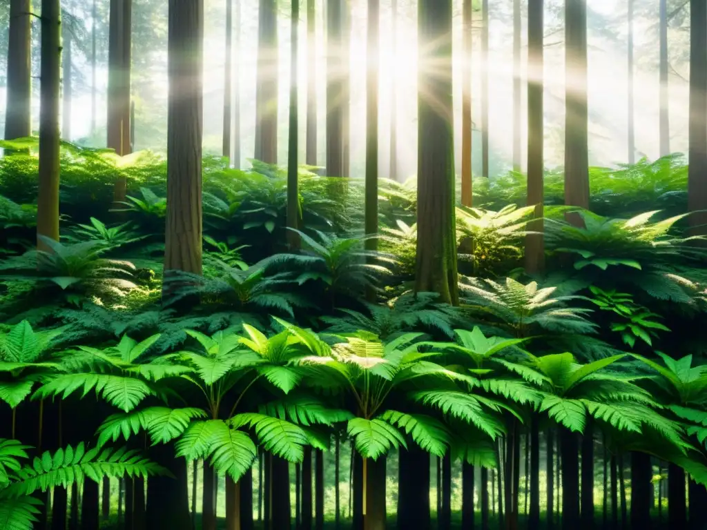 Vista impresionante del dosel de un bosque verde exuberante, con luz solar filtrándose entre las hojas, creando patrones de luz y sombra