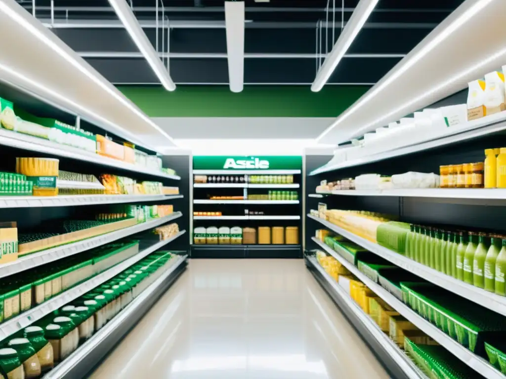 Supermercado moderno con envases ecológicos Vista limpia y moderna de un pasillo de supermercado con productos en envases ecológicos y reciclables