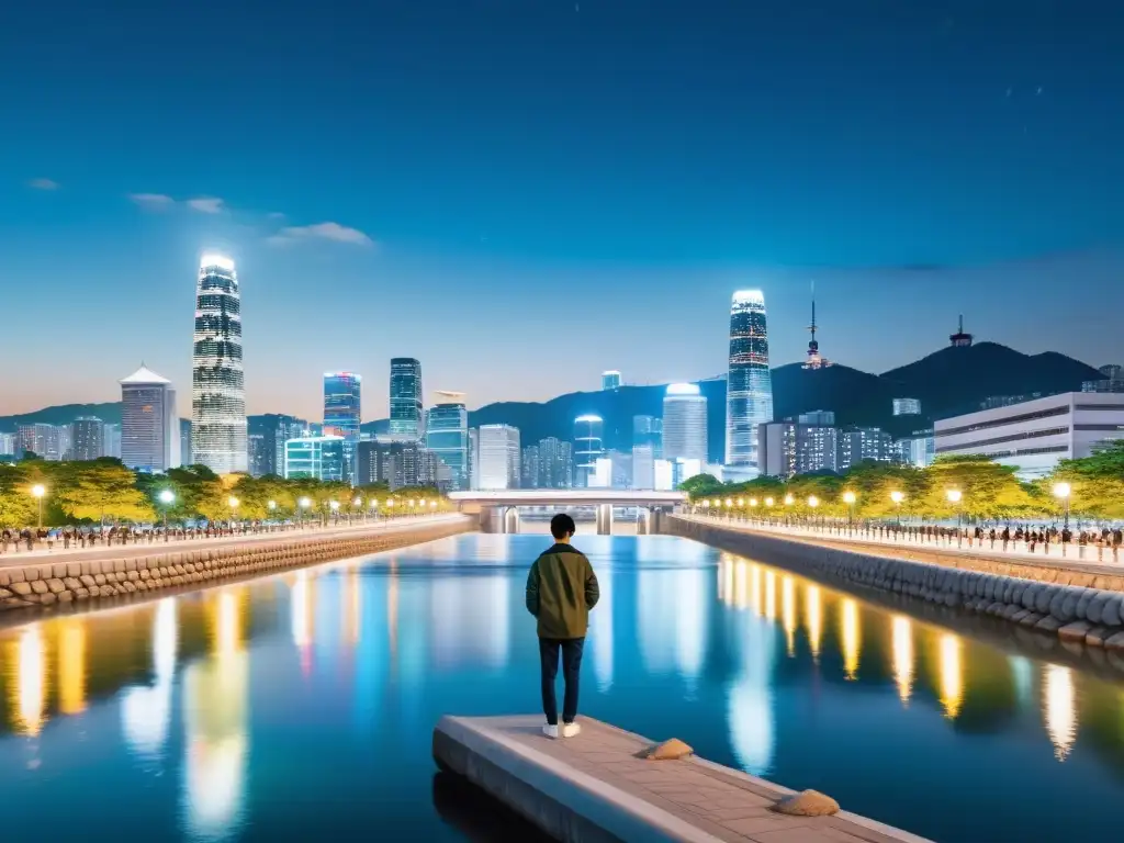 Vista nocturna de una bulliciosa ciudad de Corea del Sur, con luces brillantes en rascacielos y un río tranquilo