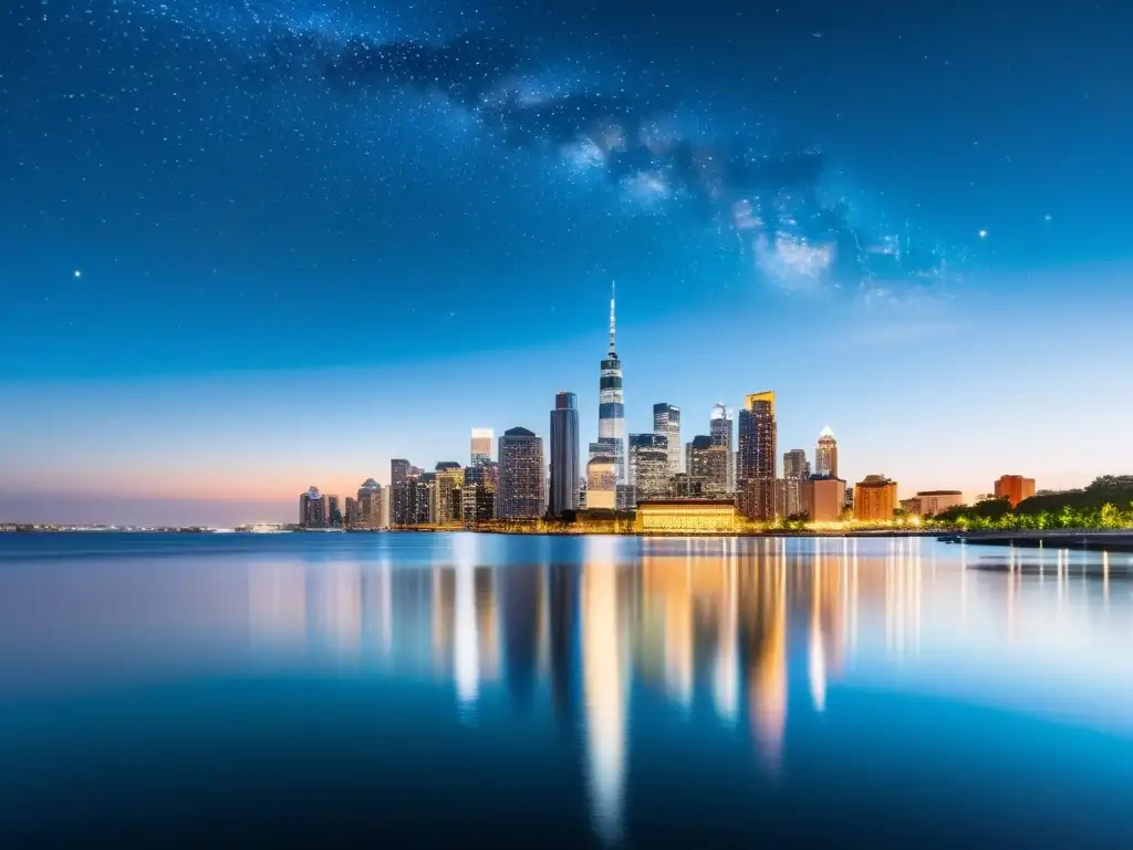 Vista nocturna de la ciudad con rascacielos iluminados reflejados en el agua