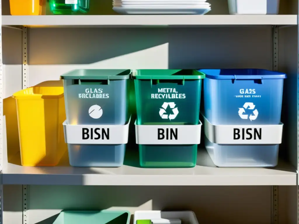 Vista ordenada de materiales para kit reciclaje casero en contenedores etiquetados, bañados por luz cálida